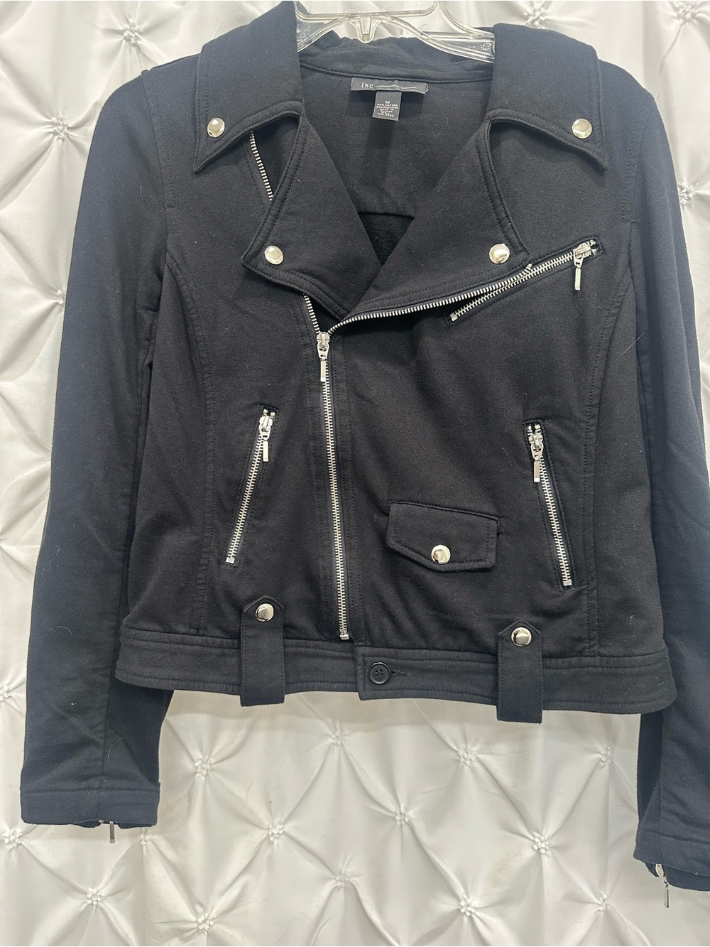 INC International Concepts Black Asymmetrical Moto Jacket with Silver Hardware